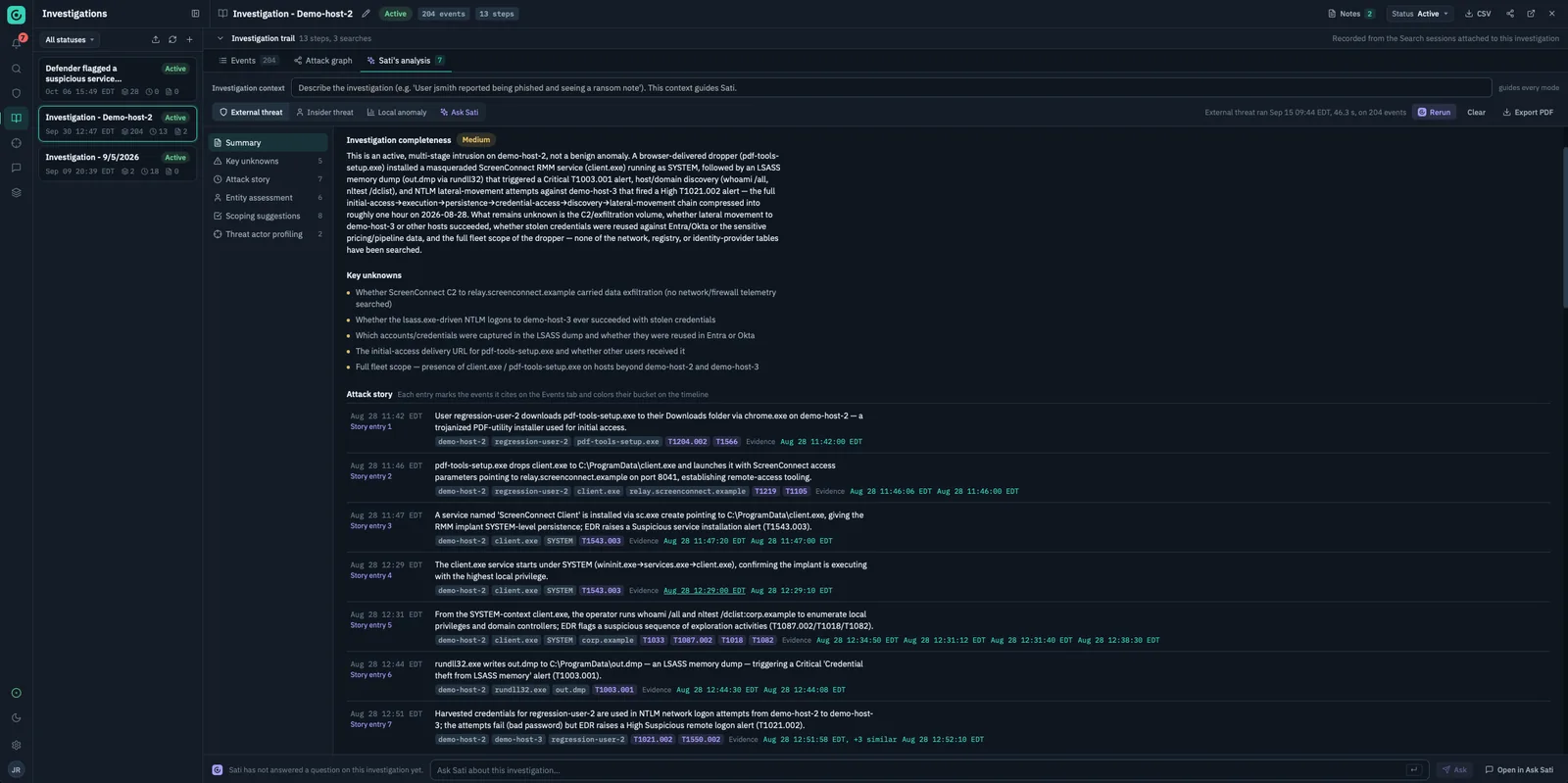 Sati's Investigations mode: the Demo-host-2 case with 204 events, the External threat analysis showing a completeness rating, key unknowns and an attack story whose entries cite their evidence.