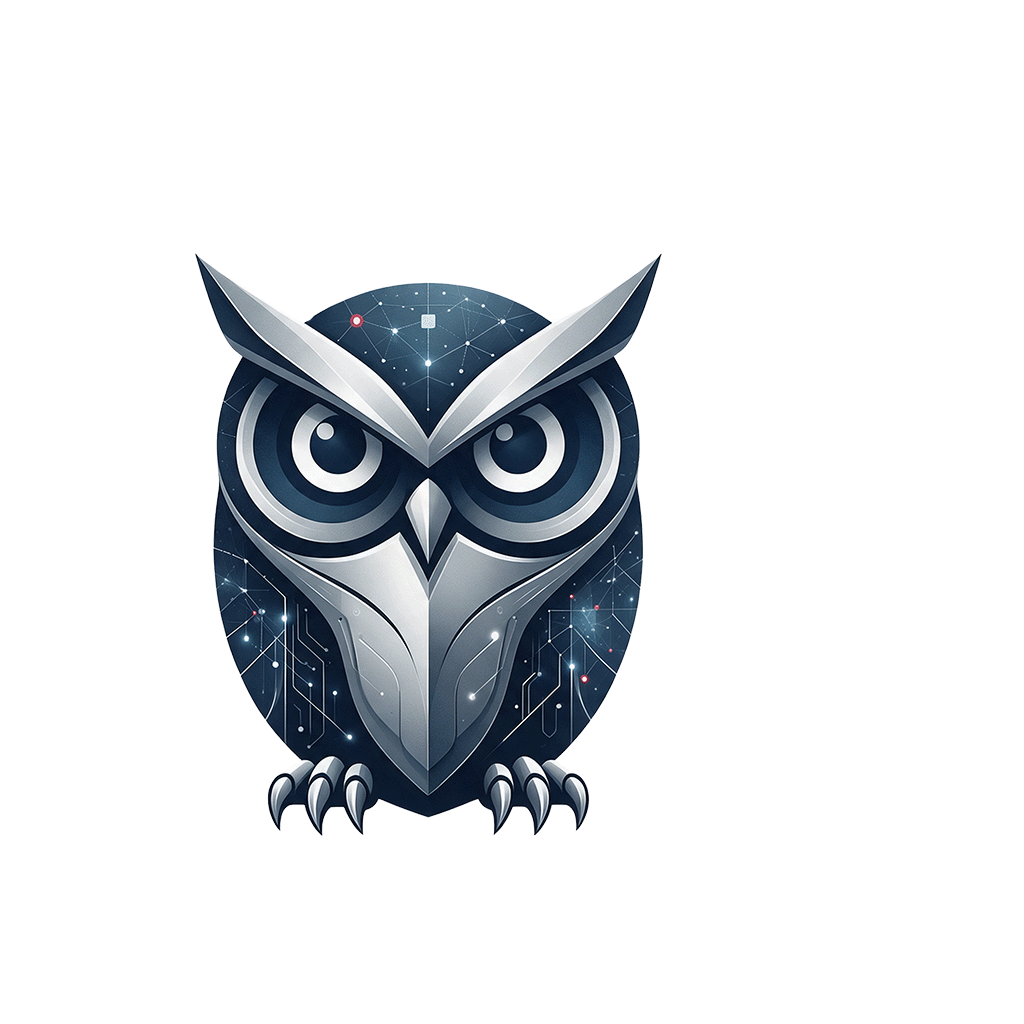 The Sati owl: a stylized owl rendered in brushed steel and deep navy, circuitry and a star-map woven through its form.