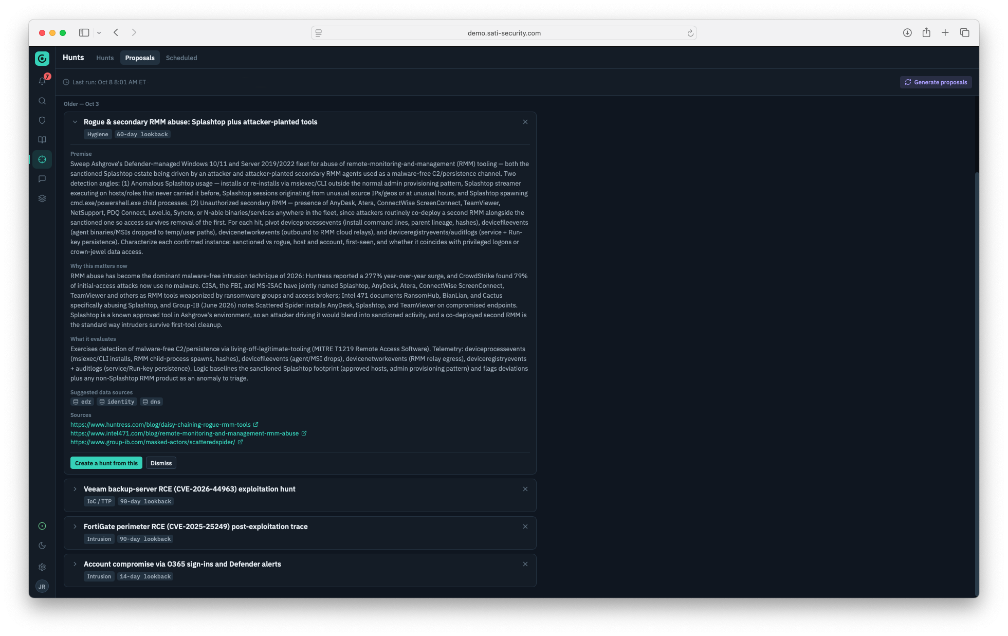 A Sati hunt proposal for remote-management tool abuse, with a tailored premise, why it matters now, suggested data sources, references and a Create a hunt from this action.