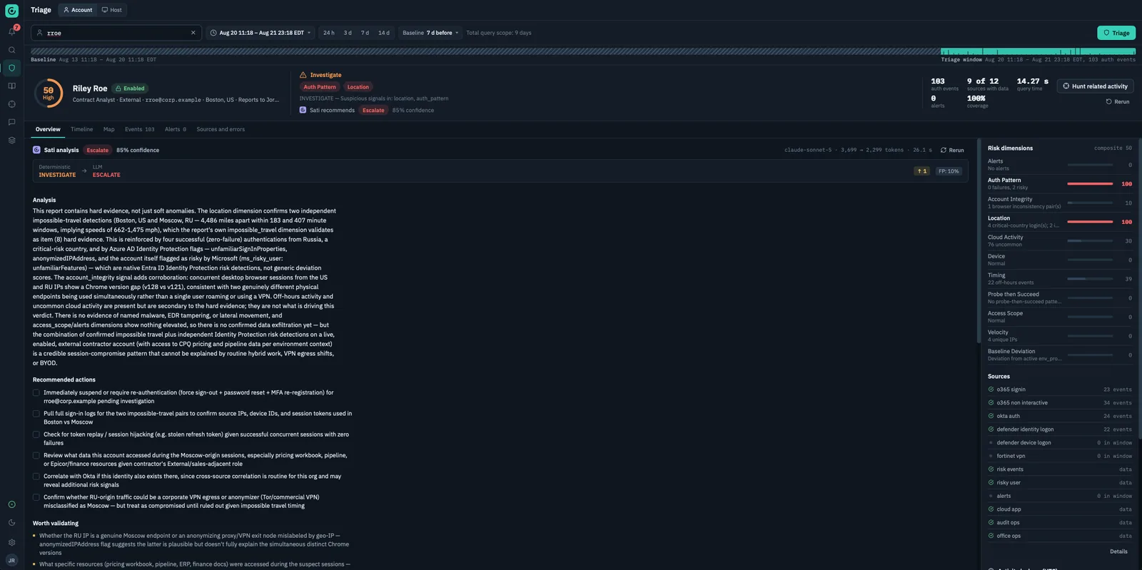 Sati's Triage mode for the account rroe: composite risk 50 High, a deterministic Investigate verdict beside Sati's Escalate at 85% confidence, the analysis, a checklist of recommended actions and the scored risk dimensions.